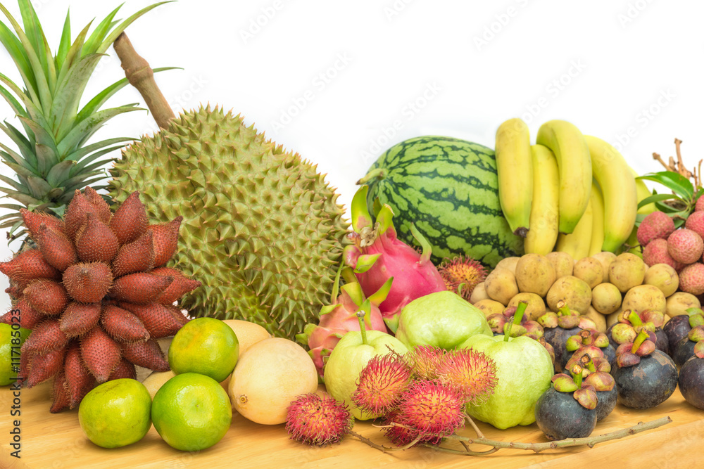 Fresh Thai fruits on white background