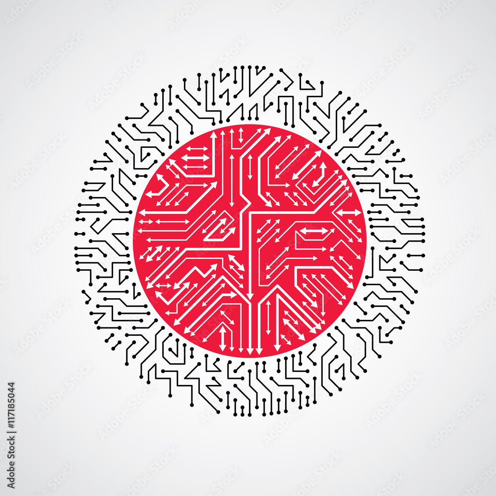 Vector abstract technology illustration with round black and red