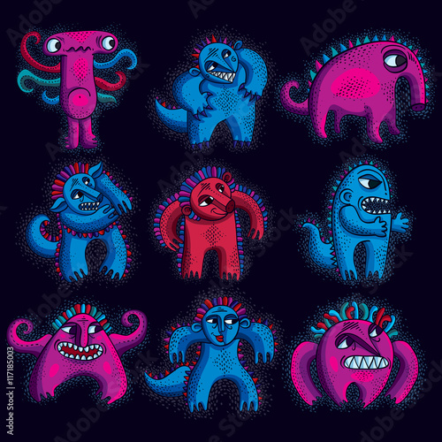 Set of vector cool cartoon monsters, colorful weird creatures. C