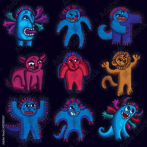 Comic characters, set of vector funny alien monsters. Emotional