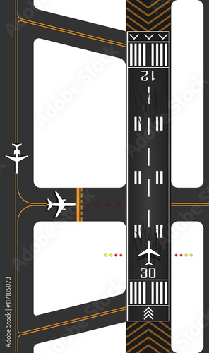Airplane runway with exits, surface guides for taxing and queued planes waiting for takeoff clearance
