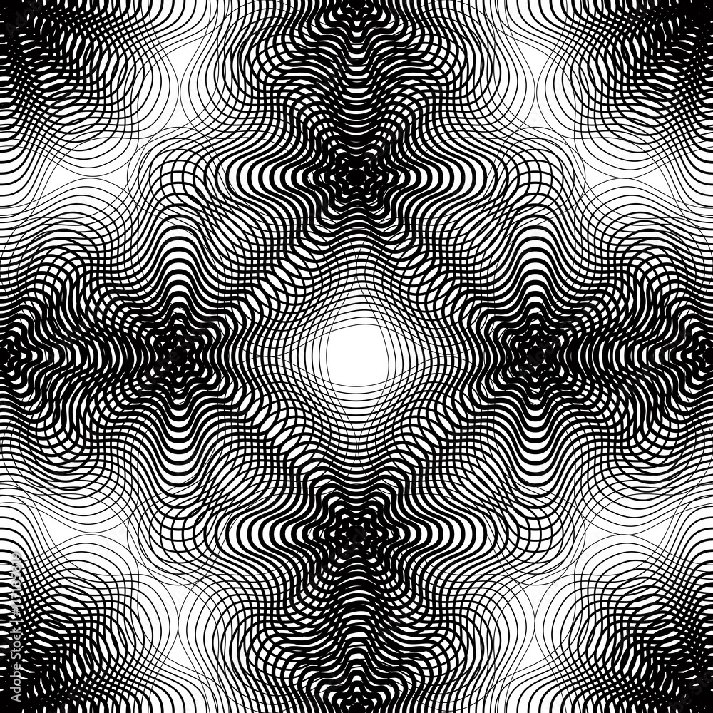 Geometric monochrome stripy overlay seamless pattern, black and