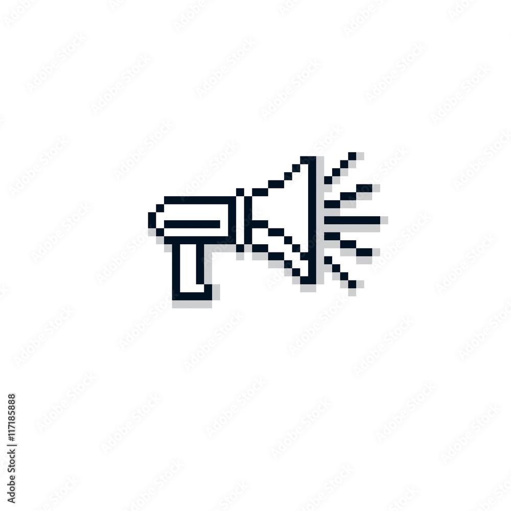 Fototapeta premium Vector megaphone pixel icon isolated, 8bit graphic element. Simp