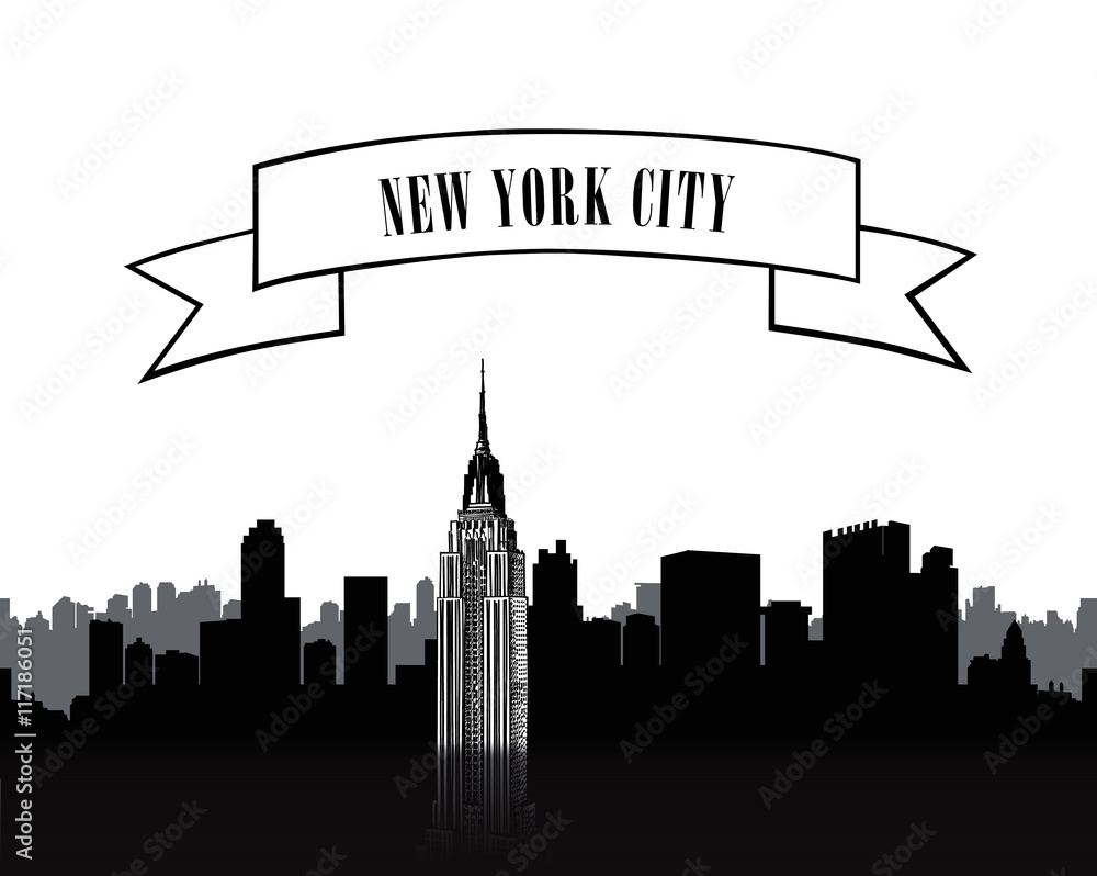 NYC sign. Urban city skyline silhouette. Travel USA background