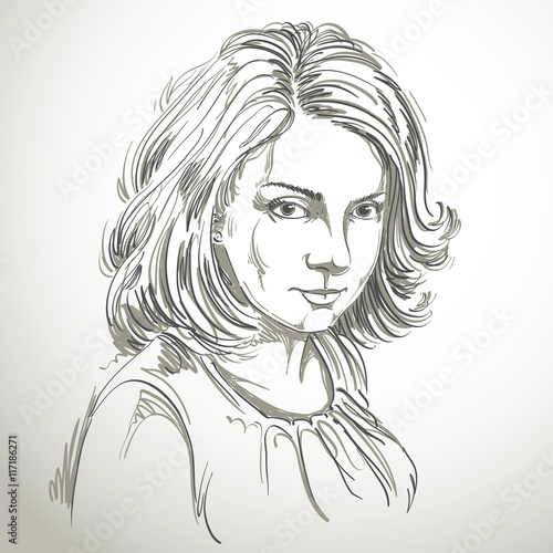 Vector art drawing, portrait of gorgeous romantic girl isolated