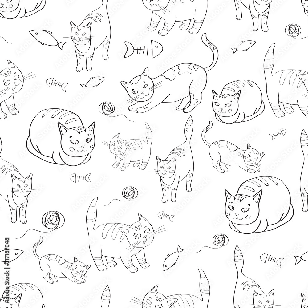 illustration with the image of cats, fish and tangles thread. black white pattern. Vector illustration with the image of cats, fish and tangles thread. black white pattern. Vector