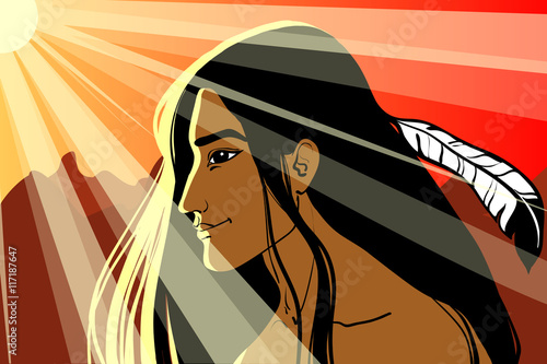 Cartoon style illustration of a native american indian man standing in the sunlight. photo