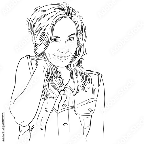 Vector art drawing, portrait of gorgeous flirting girl isolated