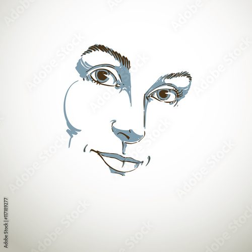 Creative hand-drawn art portrait of white-skin melancholic lady,