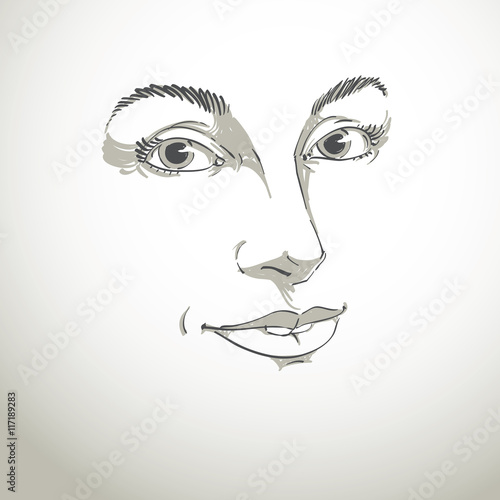 Vector art drawing, portrait of gorgeous happy smiling girl isol