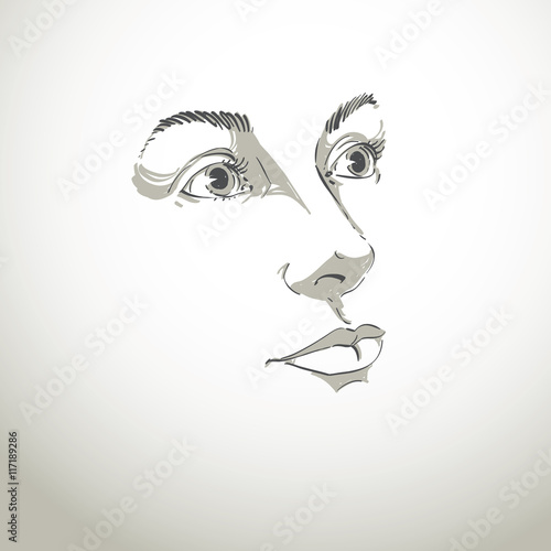 Hand-drawn art portrait of white-skin romantic woman, silhouette