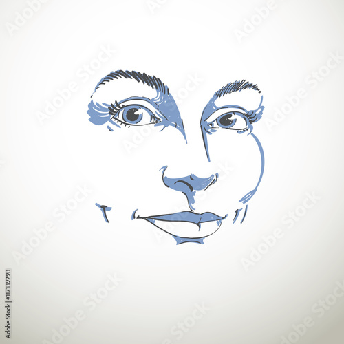 Vector art drawing, portrait of gorgeous happy smiling girl isol