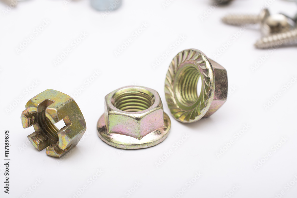 Nut and Bolts Steel on Plain white background Nut and Bolts Steel on Plain white background