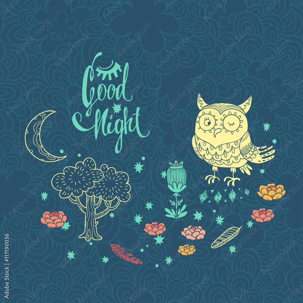 Obraz premium Good night. vector illustration with owl. cute cartoon character on forest glade with tree and moon