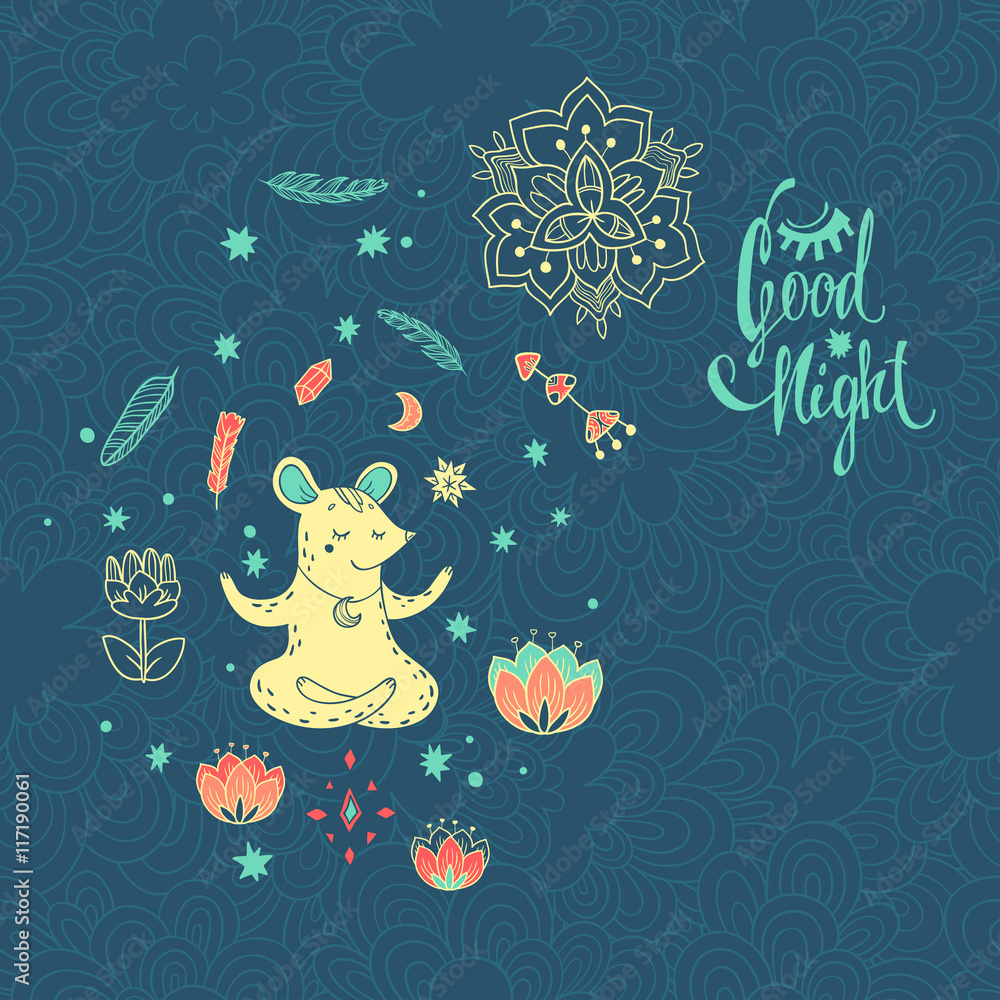 Good night. vector illustration with mouse wizard on wonderful glade