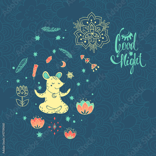 Good night. vector illustration with mouse wizard on wonderful glade