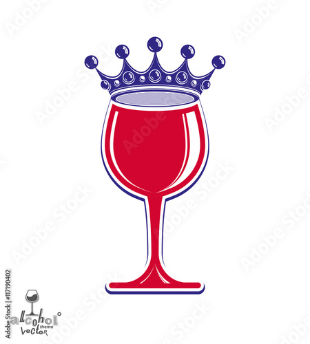 Stylish luxury wineglass with imperial crown isolated on white b