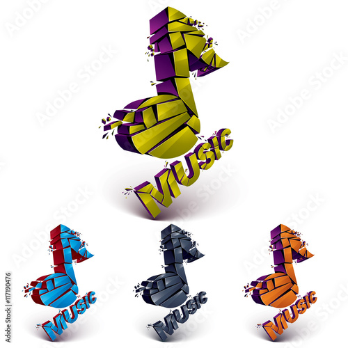 Set of 3d vector shattered musical notes with music word. Art me