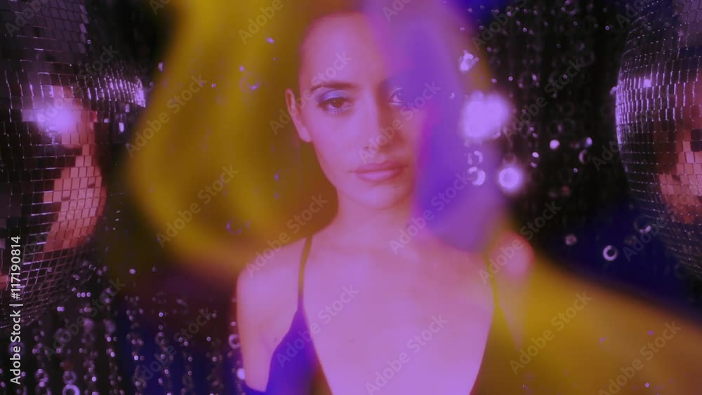 beautiful disco woman dances surrounded by discoballs beautiful disco woman dances surrounded by discoballs