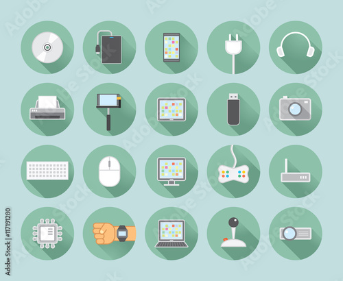 twenty flat style computer icons isolated on green background