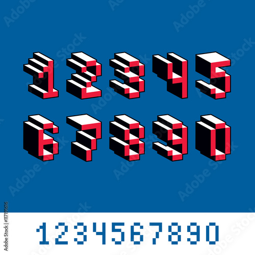 Vector modern tech whole numbers set. Geometric pixilated digits