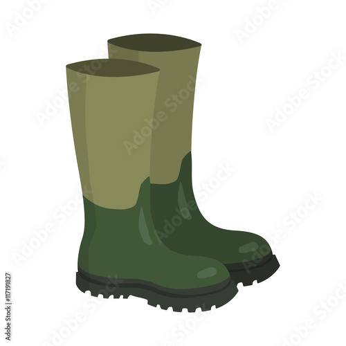 Pair of green rubber hunters and fisherman high boots. Cartoon vector illustration.