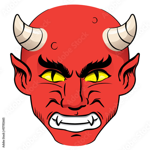 head of a demon, red with a nervous guy with horns and yellow eyes