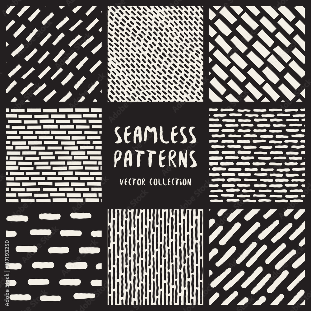 Set of Eight Vector Seamless Black and White Hand Drawn Jumbl Lines Patterns