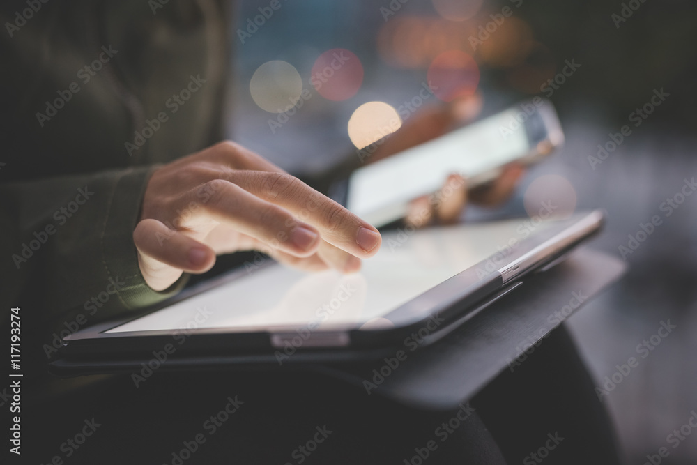 custom made wallpaper toronto digitalClose up on the hand of young handsome caucasian woman pointing and touching the screen of a tablet with her finger - technology, social network, communication concept
