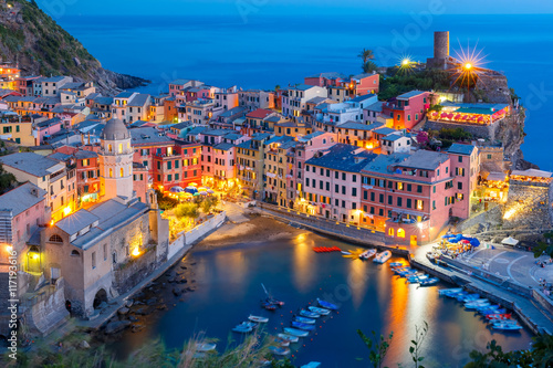 Aerial night view of Vernazza fishing village, seascape in Five lands, Cinque Terre National Park, Liguria, Italy.