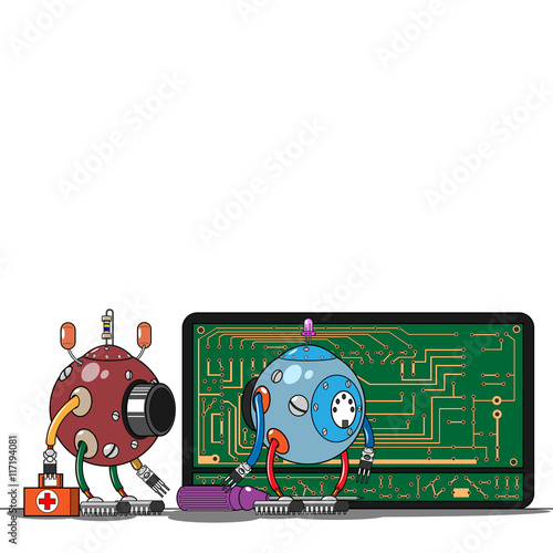 
              red and blue robots arrived on call to repair the unit on white back ground