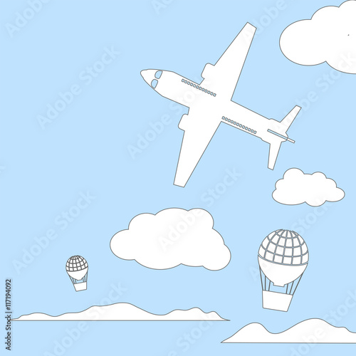 Aircraft and air balloons in the cloudy sky vector illustration with place for text.