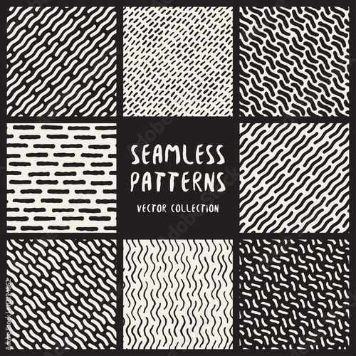 Set of Eight Seamless Black and White Hand Drawn Geometric Patterns Collection