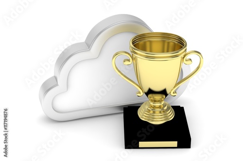 Isoalted golden cup with cloud on white background. Concept of cloud storage competition. Leader cloud drive. Best storage contest. 3D rendering.