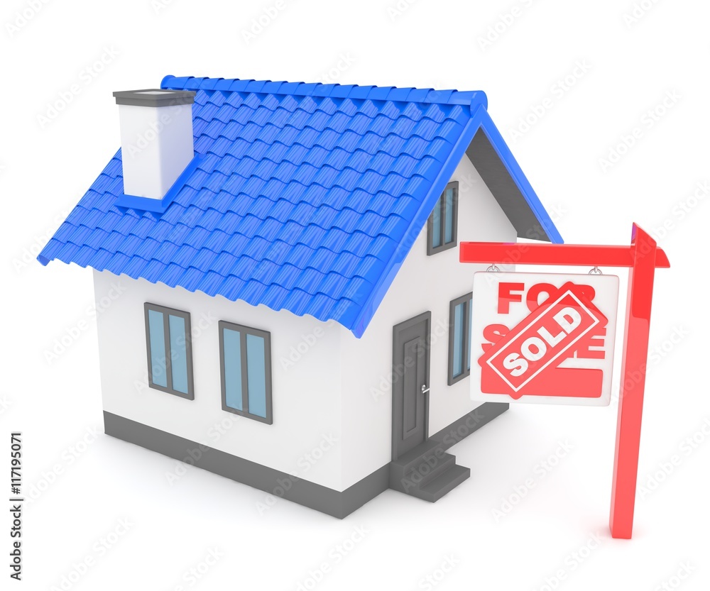 Isolated model of house with sign for sale sold. Concept of real estate, new apartment and moving to a new house. 3D rendering. Isolated model of house with sign for sale sold. Concept of real estate, new apartment and moving to a new house. 3D rendering.