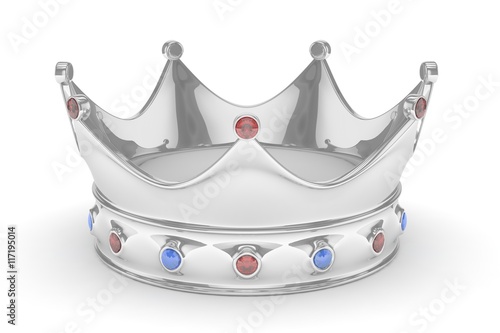 Silver royal crown with blue and red gems on white. 3D rendering.