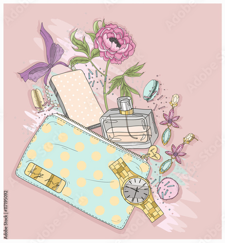 Background with purse, mobile phone, perfume,flower, jewelry and