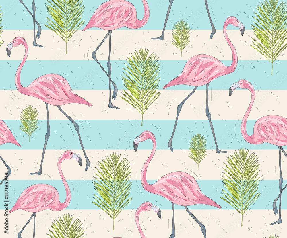 Obraz premium Cute seamless pattern with flamingos and palm. Vector background