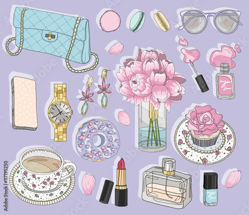 Fashion accessories set. Background with bag, sunglasses, jewele