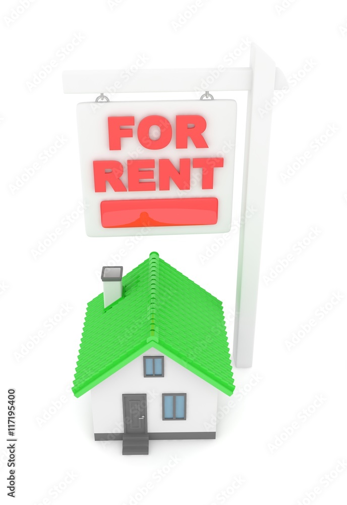 Isolated model of house with for sale sign on white background. Good investment in real estate. Buy new apartment. 3D rendering. Isolated model of house with for sale sign on white background. Good investment in real estate. Buy new apartment. 3D rendering.