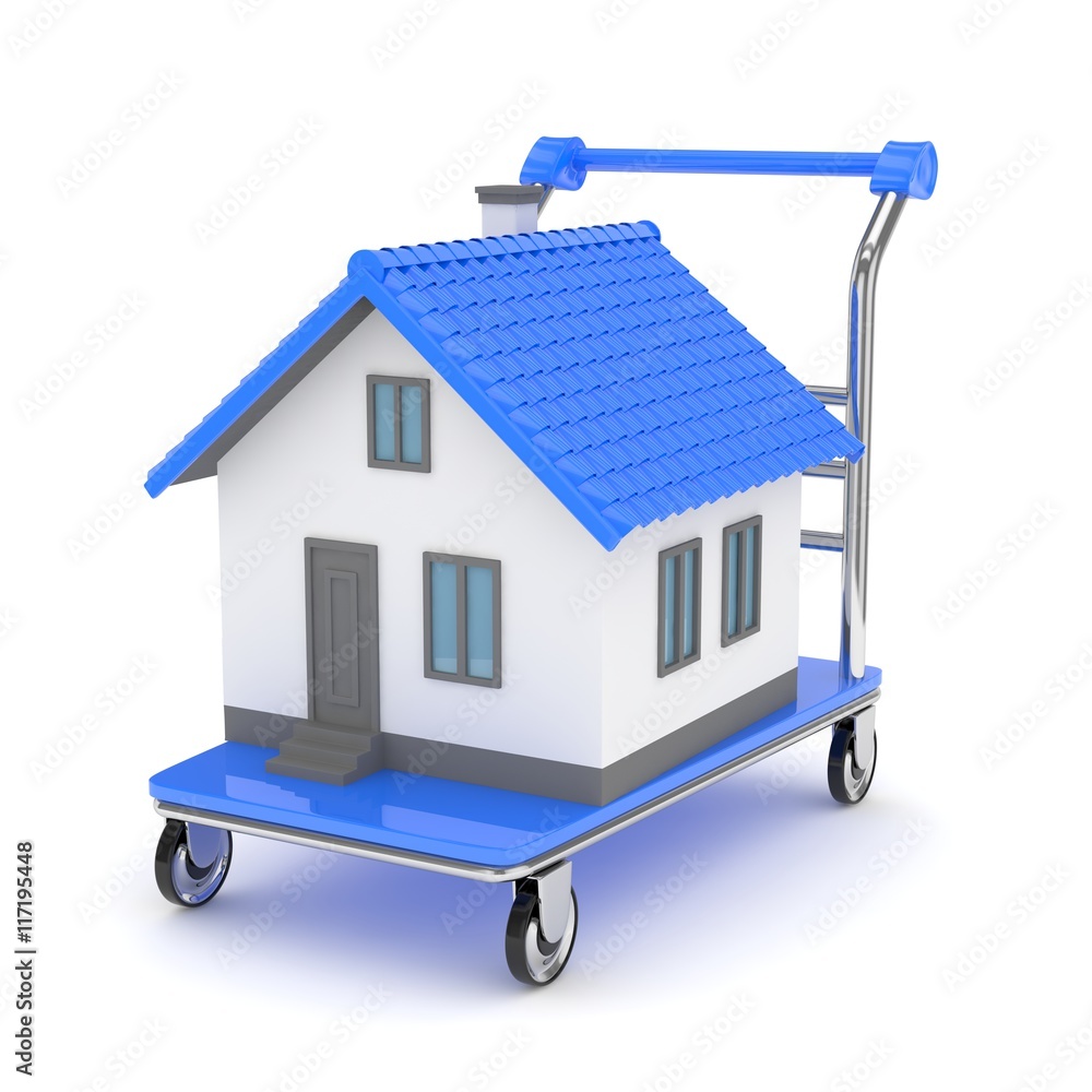 Model of house on wheeled platform on white background. Concept of property moving, delivering. 3D rendering. Model of house on wheeled platform on white background. Concept of property moving, delivering. 3D rendering.