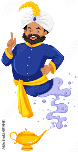 Giant in blue outfit coming out of the lamp