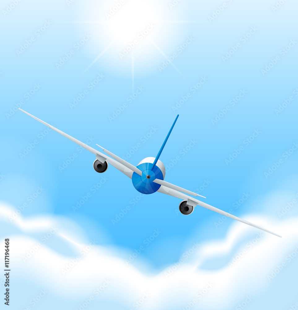 Back of airplane flying in the sky Back of airplane flying in the sky