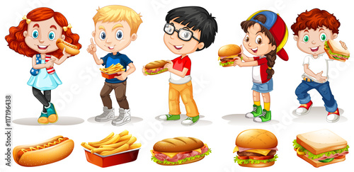 Boys and girls eating fastfood