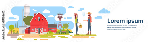 Farmers Couple Stand Before Big Farm With House, Farmland Countryside Banner