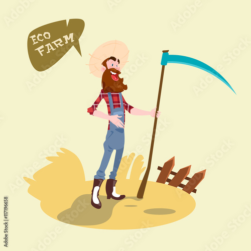 Farmer Holding Scythe Wheat Harvest Eco Farming Concept