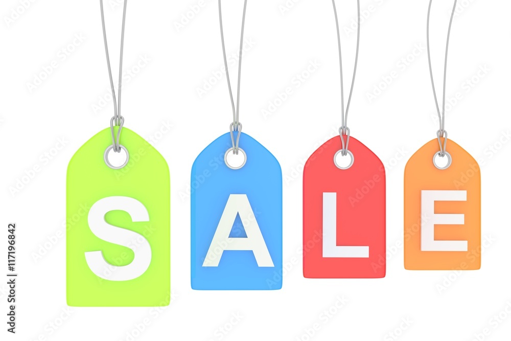 Colorful isolated sale labels on white background. Price tags. Special offer and promotion. Store discount. Shopping time. 3D rendering.