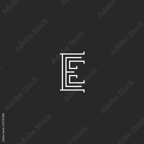 Letter E logo monogram mediaeval style, wedding or business card simple black and white initial emblem mockup