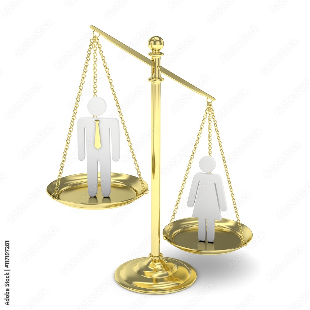 Isolated old fashioned pan scale with man and woman on white background. Gender inequality. Female is heavier. Law issues. Silver model. 3D rendering. Isolated old fashioned pan scale with man and woman on white background. Gender inequality. Female is heavier. Law issues. Silver model. 3D rendering.