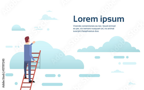 Businessman Climb Up Ladder Stairs, Concept Business Man Sky Clouds